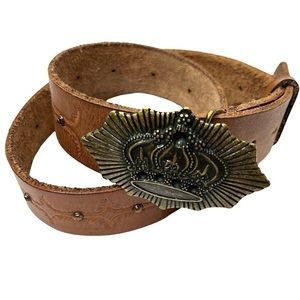 OLGA SANTINI Belt Vintage Tooled Leather Metal Crown Buckle Y2K 90s Style Medium